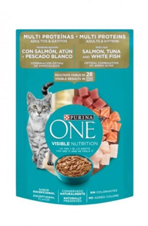 Purina One Gato sobre multi proteínas salmón, atún y pescado blanco adultos y gatitos (caja con 24 pz)