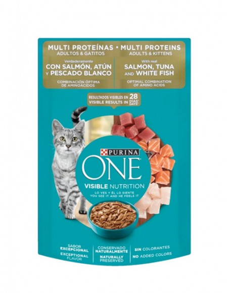 purina-one-adulto-MultiProt Purina One Gato sobre multi proteínas salmón, atún y pescado blanco adultos y gatitos (caja con 24 pz)