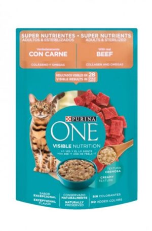 Purina One Gato sobre super nutrientes carne adultos y esterilizados (caja con 24 pz)