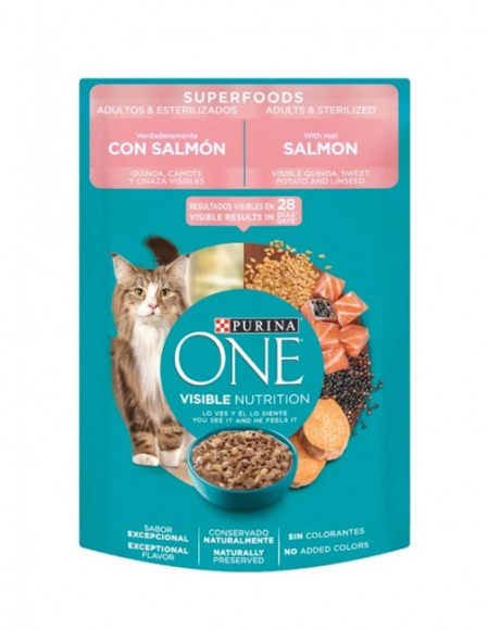 purina-one-adulto-SuperAliment Purina One Gato sobre superalimento salmón adultos y esterilizados (caja con 24 pz)