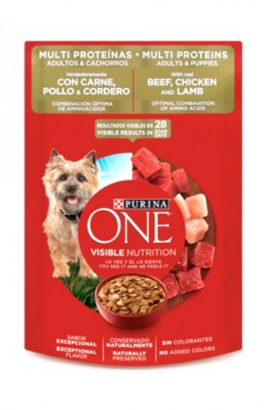Purina One Perro sobre multi proteínas carne, pollo y cordero adultos y cachorros (caja con 24 pz)