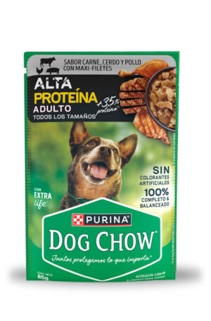 Sobre Dog Chow alta proteína adulto todos los tamaños - carne, cerdo y pollo (caja 24 pz)