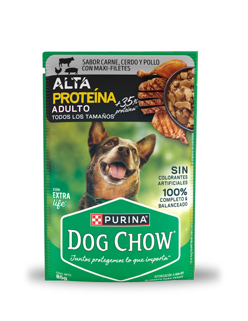 DChowAltaProteina Sobre Dog Chow alta proteína adulto todos los tamaños - carne, cerdo y pollo (caja 24 pz)