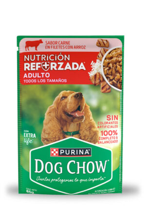 Sobre Dog Chow adulto todos los tamaños - sabor carne/arroz (caja 24 pz)