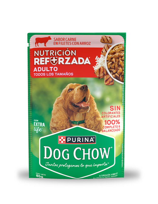 DcADcarne Sobre Dog Chow adulto todos los tamaños - sabor carne/arroz (caja 24 pz)