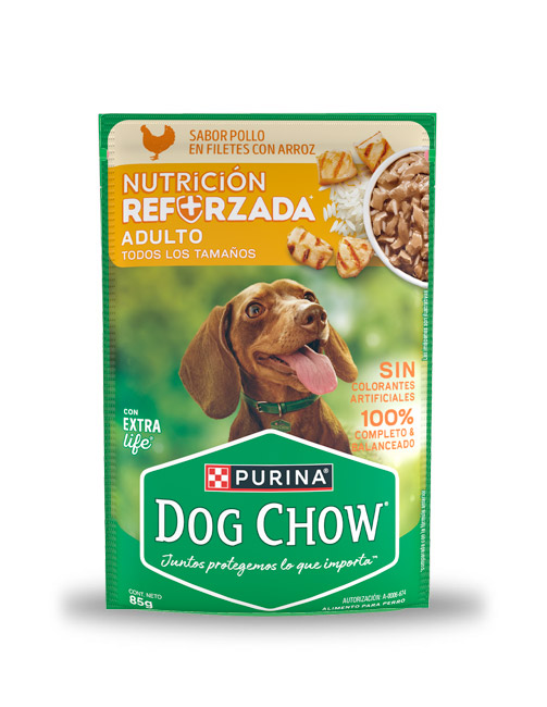 Sobre Dog Chow adulto todos los tamaños - sabor pollo/arroz (caja 24 pz)