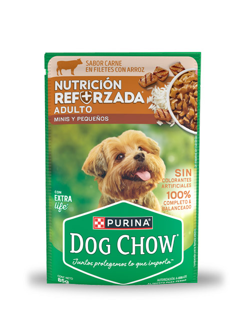 DcRPcarne Sobre Dog Chow nutrición reforzada adulto minis y pequeños - carne/arroz (caja 24 pz)