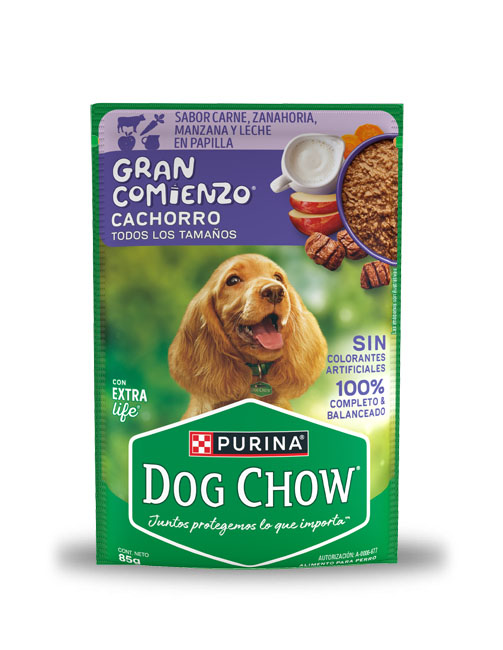Sobre Dog Chow gran comienzo cachorro - carne, zanahoria, manzana y leche (caja 24 pz)