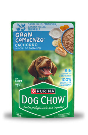 Sobre Dog Chow gran comienzo cachorro - pollo, zanahoria, banana y leche (caja 24 pz)