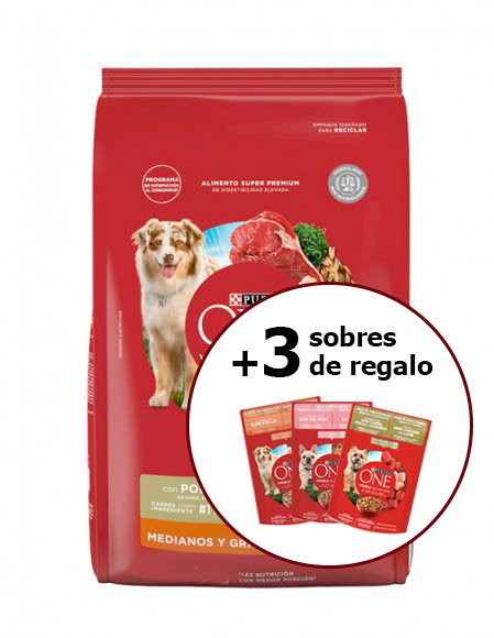Purina One adulto raza grande carne 7 kg + 3 sobres de regalo