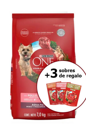 Purina One adulto minis y pequeños cordero 7 kg + 3 sobres de regalo